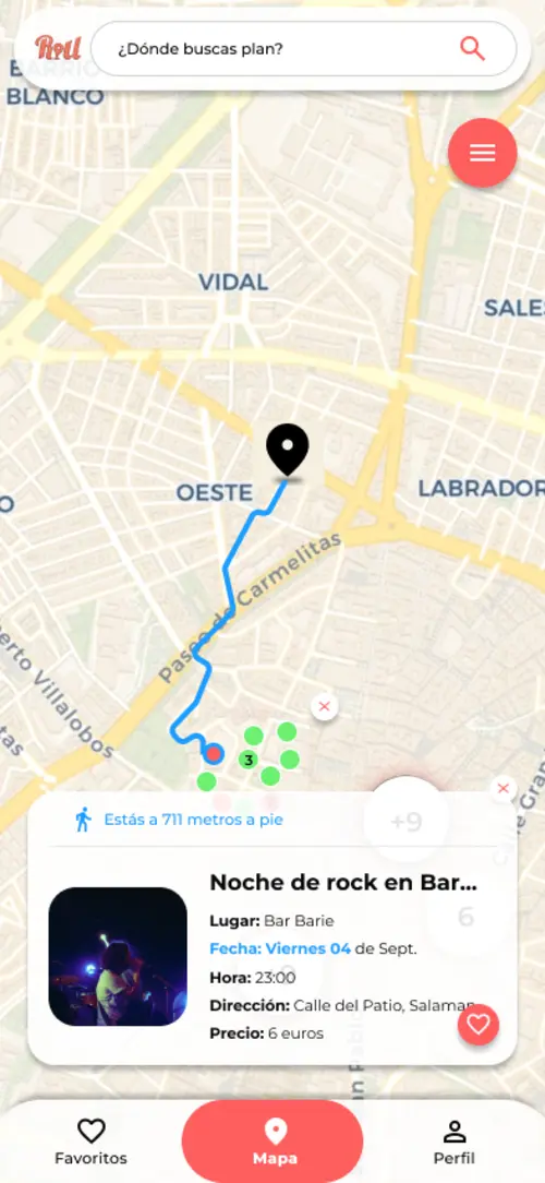 Mapa de la app con los puntos de directo y de fiesta